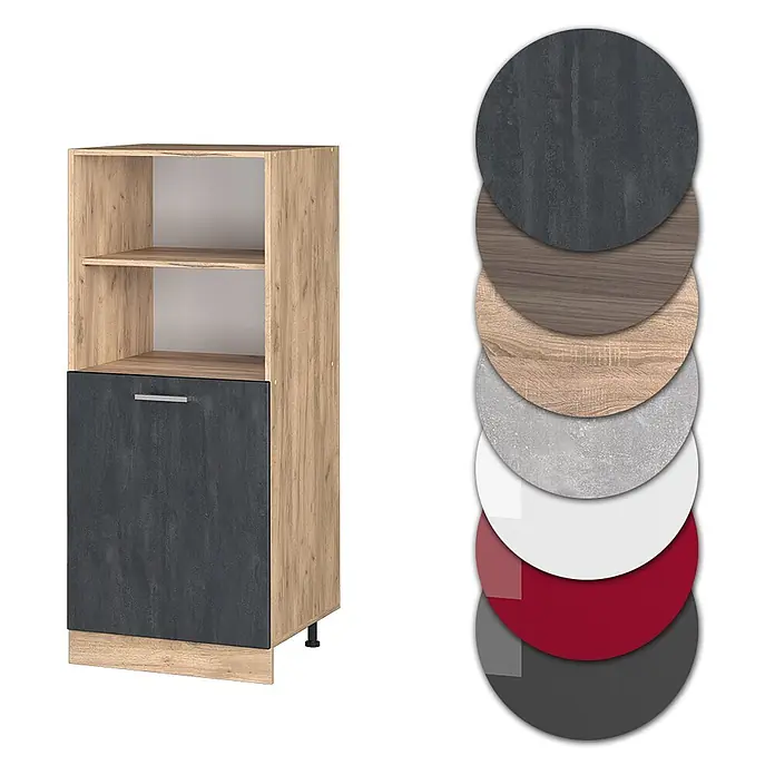 Vicco Herdumbauschrank R-Line, Schwarz Beton, 60 cm -  - Hoher Schrank mit heller Holzmaserung, offenen Fächern und einer dunkelgrauen Tür in Betonoptik. Inklusive Materialmuster.