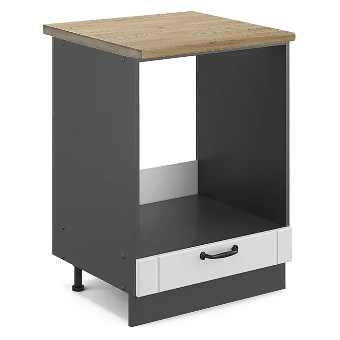 Vicco Schrankküche Fame-Line Weiß Landhaus, AP Eiche - Weiß Landhaus, Herdumbauschrank 60 cm, AP Eiche - Dunkelgrauer Küchenunterschrank mit heller Holzplatte, offenem Fach und weißer Schublade mit schwarzem Griff.