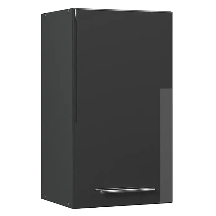 Vicco Schrankküche Fame-Line Anthrazit Hochglanz - Anthrazit Hochglanz, Hängeschrank 40 cm - Dunkelgrauer Hochglanz-Hängeschrank mit silbernem Stangengriff.