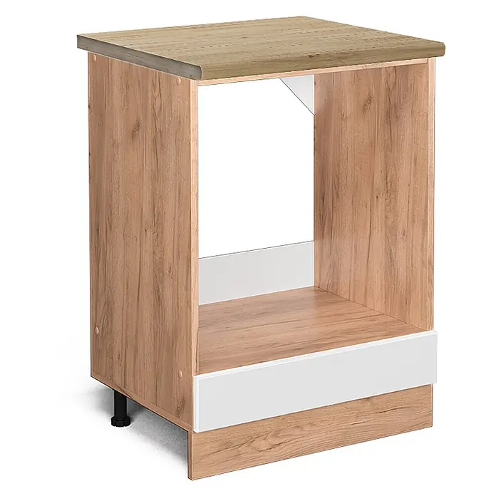 Vicco Schrankküche R-Line Weiß Hochglanz, AP Eiche - Weiß Hochglanz, Herdumbauschrank 60 cm - Küchenunterschrank in heller Eichenoptik mit offener Nische für Geräte und weißer Sockelblende.