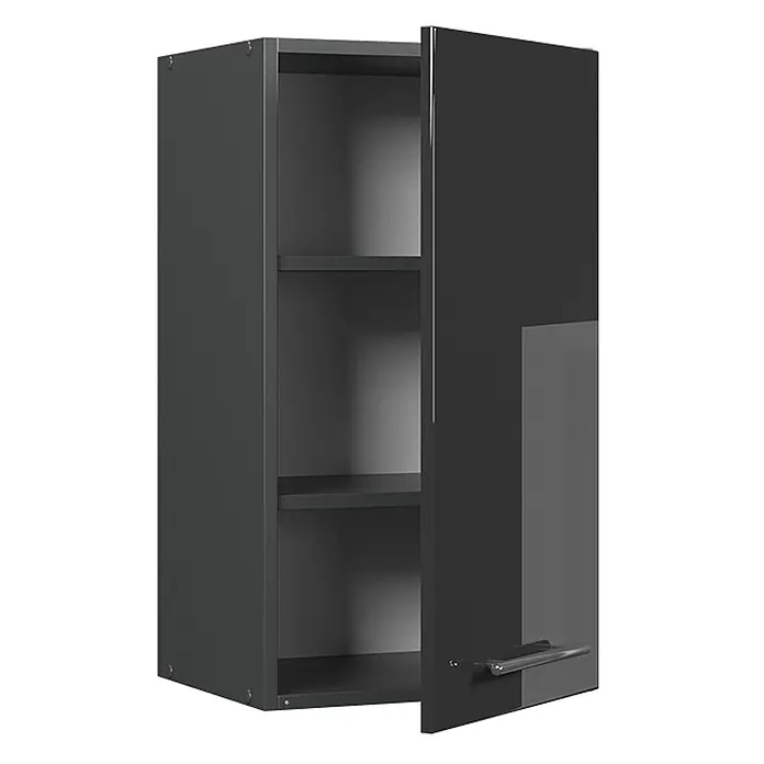 Vicco Schrankküche Fame-Line Anthrazit Hochglanz - Anthrazit Hochglanz, Hängeschrank 40 cm - Dunkelgrauer Wandschrank mit offener Tür und zwei Innenregalen.