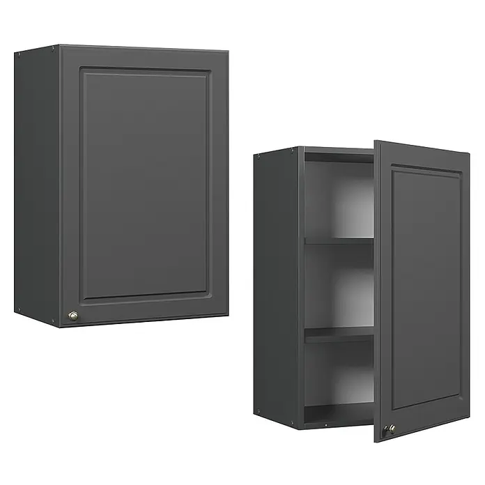 Vicco Schrankküche Fame-Line Anthrazit-Gold Landhaus - Anthrazit-Gold Landhaus, Hängeschrank 50 cm - Zwei dunkelgraue Küchenhängeschränke, einer geschlossen und einer offen mit sichtbaren Einlegeböden.