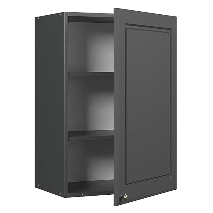 Vicco Schrankküche Fame-Line Anthrazit-Gold Landhaus - Anthrazit-Gold Landhaus, Hängeschrank 50 cm - Dunkelgrauer Wandschrank mit offener Tür, der Innenregale und einen goldenen Knauf zeigt.