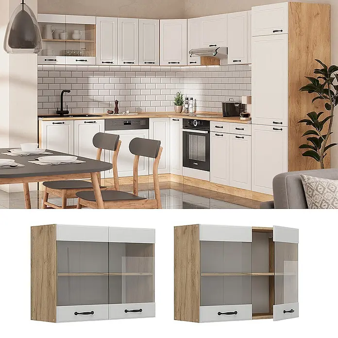 Vicco Schrankküche R-Line Weiß Landhaus - Weiß Landhaus, Hängeglasschrank 80 cm - Weiß-Holz-Küchenhängeschrank mit Glastüren und zwei Schubladen in moderner Küchenumgebung.