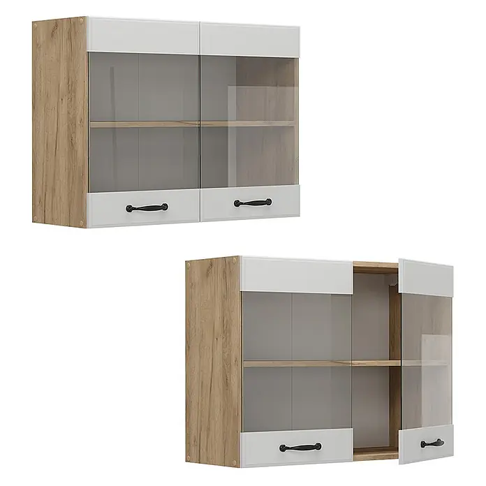 Vicco Schrankküche R-Line Weiß Landhaus - Weiß Landhaus, Hängeglasschrank 80 cm - Hängeschrank mit hellen Holzmaserungsseiten, weißen Paneelen, zwei Glastüren und zwei Schubladen mit schwarzen Griffen.