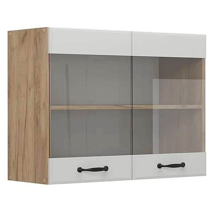 Vicco Schrankküche R-Line Weiß Landhaus - Weiß Landhaus, Hängeglasschrank 80 cm - Moderner Wandschrank mit Holzoptik-Seite, weißen Paneelen und zwei Glastüren mit schwarzen Griffen.
