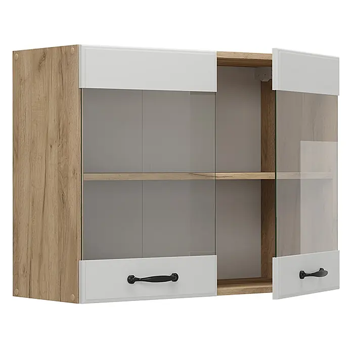 Vicco Schrankküche R-Line Weiß Landhaus - Weiß Landhaus, Hängeglasschrank 80 cm - Zweifarbiger Hängeschrank mit Holzoptik-Seiten, weißen Blenden, Glastüren und schwarzen Griffen. Eine Tür ist offen und zeigt ein Regal.