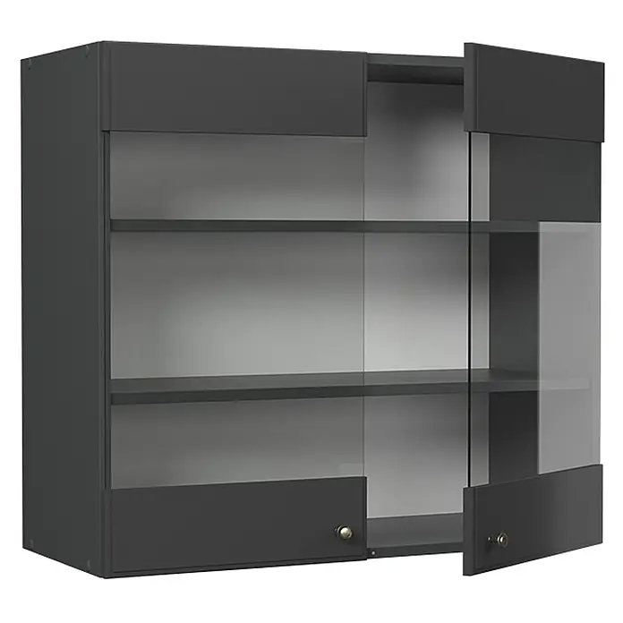 Vicco Küchenglasschrank Fame-Line, Anthrazit-Gold Landhaus, 80 cm -  - Dunkelgrauer Wandschrank mit Glastüren und Einlegeböden, eine Tür leicht geöffnet.