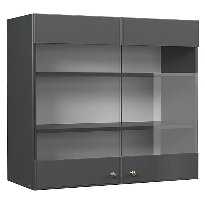 Vicco Küchenglasschrank Fame-Line, Anthrazit-Gold Landhaus, 80 cm -  - Grauer Hängeschrank mit Glastüren und zwei unteren undurchsichtigen Türen mit goldenen Griffen, mit Einlegeböden.