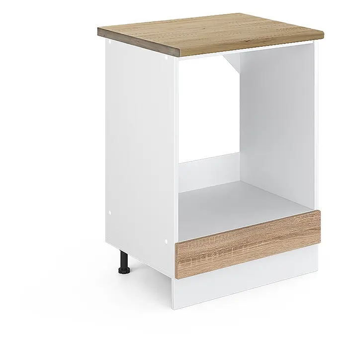 Vicco Schrankküche R-Line Sonoma, AP Eiche - Sonoma, Herdumbauschrank 60 cm, AP Eiche - Weißer Küchenunterschrank mit offenem Fach, heller Holzplatte und Sockelleiste, verstellbare Füße.
