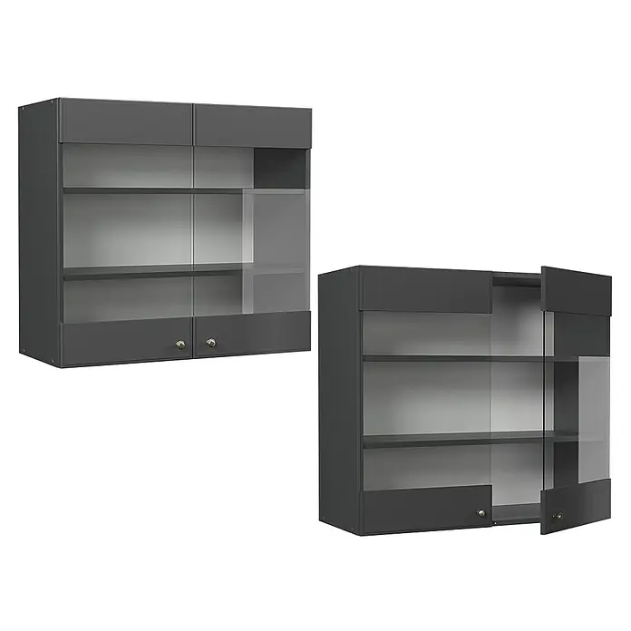 Vicco Küchenglasschrank Fame-Line, Anthrazit-Gold Landhaus, 80 cm -  - Dunkelgrauer Wandschrank mit Glastüren und Innenregalen, geschlossen und teilweise geöffnet dargestellt.