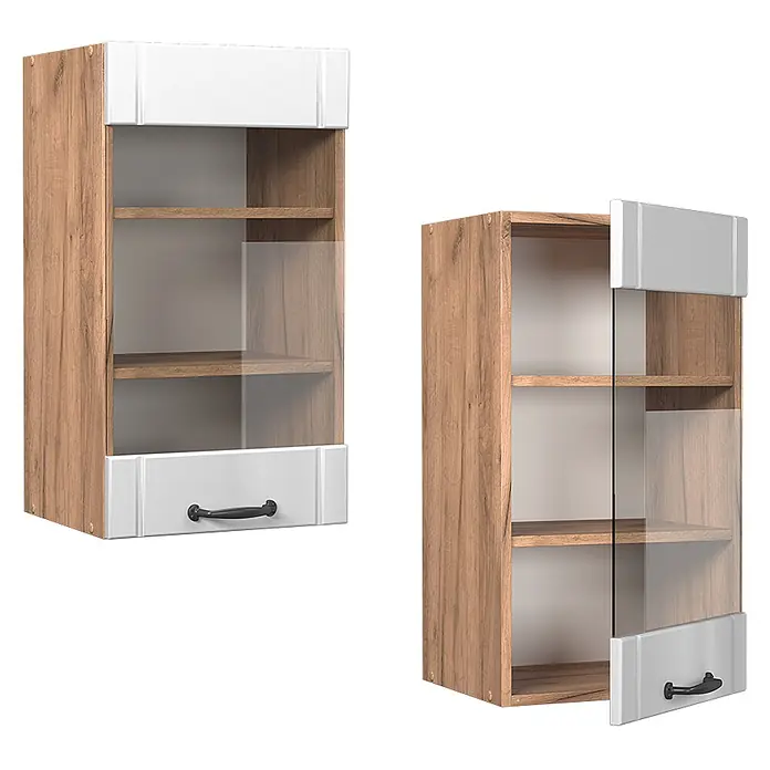 Vicco Schrankküche Fame-Line Weiß Landhaus - Weiß Landhaus, Hängeglasschrank 40 cm - Wandhängeschrank in Holzoptik mit weißen Paneelen, Glastür und schwarzem Griff, inklusive zwei Einlegeböden.