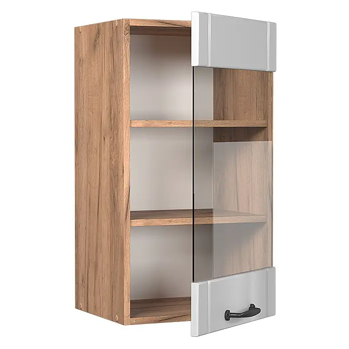 Vicco Schrankküche Fame-Line Weiß Landhaus - Weiß Landhaus, Hängeglasschrank 40 cm - Hängeschrank aus Holz mit Glastür, weißen Akzenten und Einlegeböden.