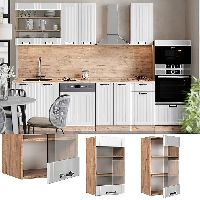 Vicco Schrankküche Fame-Line Weiß Landhaus - Weiß Landhaus, Hängeglasschrank 40 cm - Moderne Küche mit weißen geriffelten Schränken, Holzoptik-Paneelen und schwarzen Griffen. Mit Glas-Oberschrank und integrierten Geräten.