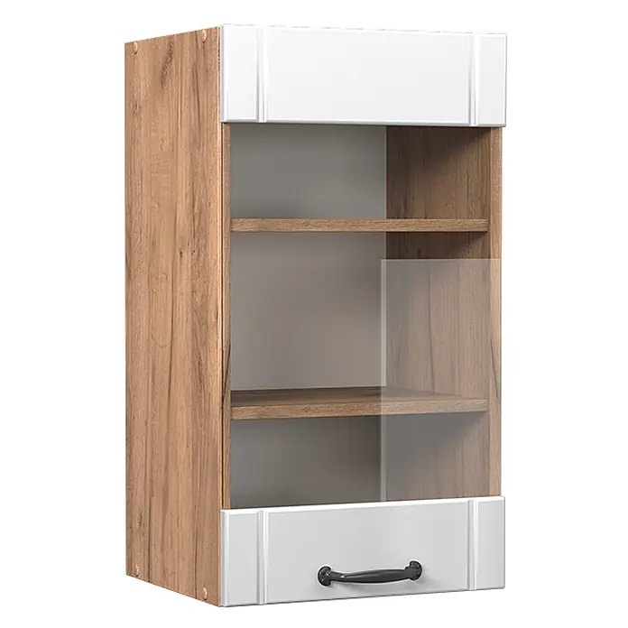Vicco Schrankküche Fame-Line Weiß Landhaus - Weiß Landhaus, Hängeglasschrank 40 cm - Zweifarbiger Wandschrank mit Holzoptik-Seiten, weißem Ober- und Unterteil, zwei Regalböden hinter einer Glastür und einer Schublade.