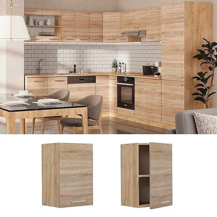 Vicco Schrankküche R-Line Sonoma - Sonoma, Hängeschrank 40 cm - Moderne Küche mit hellen Holzschränken und integrierten Geräten.