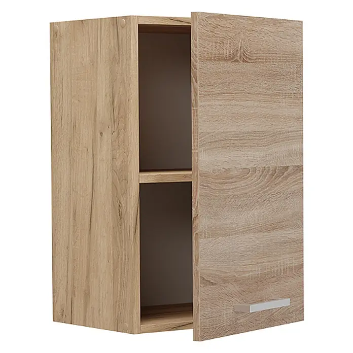 Vicco Schrankküche R-Line Sonoma - Sonoma, Hängeschrank 40 cm - Hellbrauner Wandschrank in Holzoptik mit geöffneter Tür, zwei Einlegeböden und silbernem Griff.