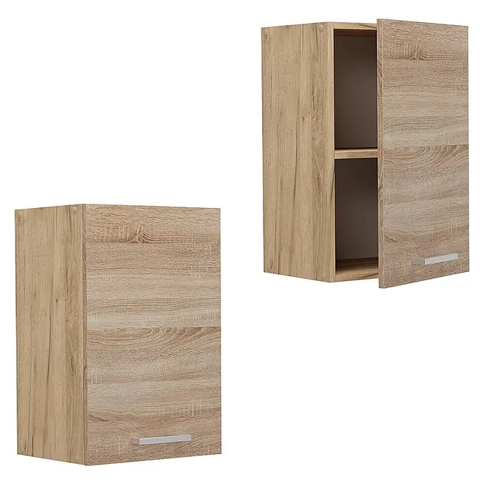 Vicco Schrankküche R-Line Sonoma - Sonoma, Hängeschrank 40 cm - Zwei hellbraune Wandschränke in Holzoptik. Einer geschlossen, der andere offen, mit Einlegeboden und silbernen Griffen.