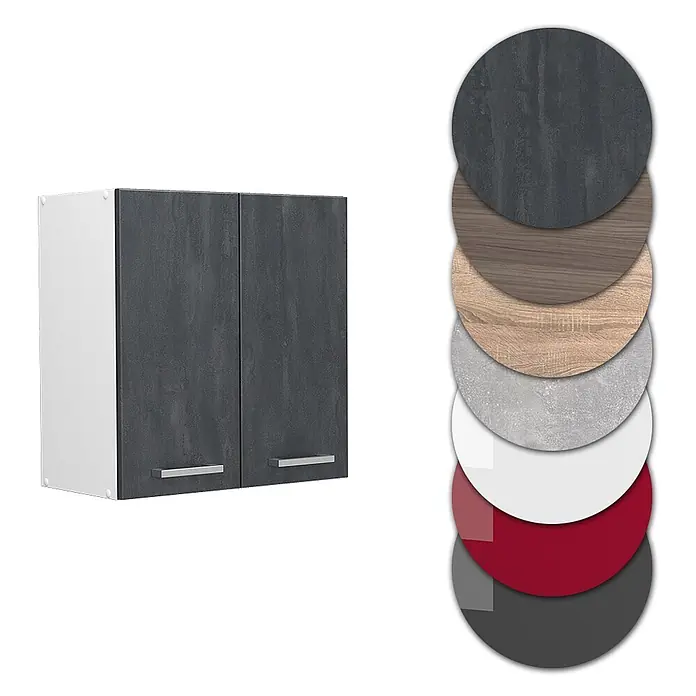 Vicco Hängeschrank R-Line, Schwarz Beton, 60 cm -  - Wandschrank mit dunkelgrauen strukturierten Türen und weißer Seitenwand, dazu verschiedene Material-/Farbproben.