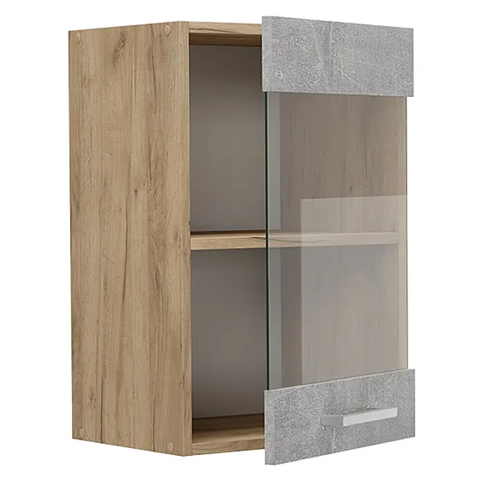 Vicco Schrankküche R-Line Beton - Beton, Hängeglasschrank 40 cm - Hängeschrank in heller Holzoptik mit Glastür, grauen Beton-Paneelen oben und unten sowie einem Innenregal.