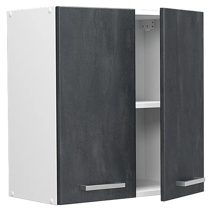 Vicco Hängeschrank R-Line, Schwarz Beton, 60 cm -  - Zweitüriger Hängeschrank mit dunkelgrauen strukturierten Türen und weißem Korpus, mit silbernen Griffen und Einlegeböden.