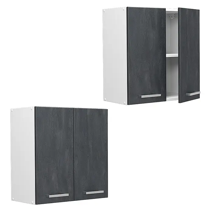 Vicco Hängeschrank R-Line, Schwarz Beton, 60 cm -  - Zwei Küchenhängeschränke mit weißen Korpen und dunkelgrauen Strukturtüren; einer offen mit Einlegeboden, beide mit silbernen Griffen.