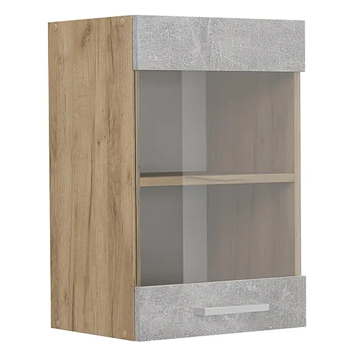 Vicco Schrankküche R-Line Beton - Beton, Hängeglasschrank 40 cm - Hängeschrank mit Holzoptik-Seite, grauer Betonoptik oben/unten und Glastür mit Regal.