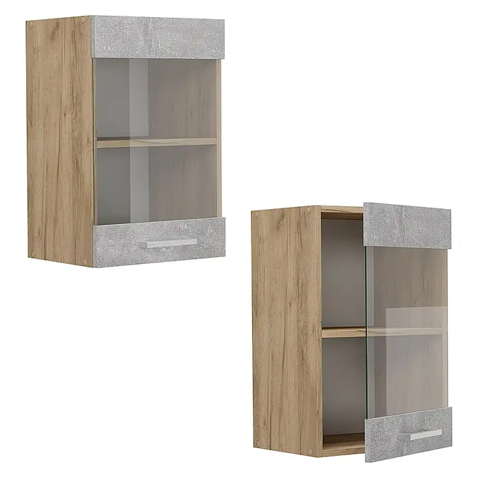 Vicco Schrankküche R-Line Beton - Beton, Hängeglasschrank 40 cm - Wandschrank mit heller Holzoptik und grauen Beton-Details, mit Glastür und kleiner Schublade.
