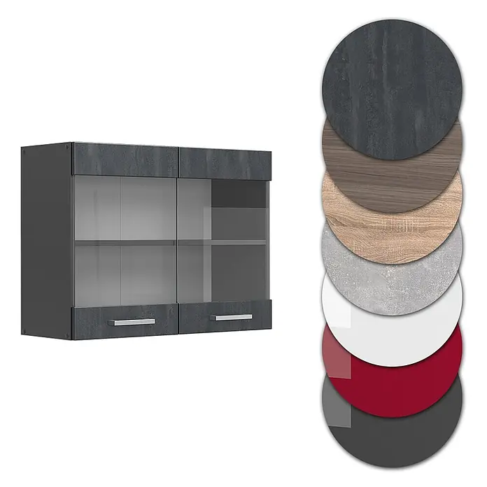 Vicco Schrankküche R-Line Schwarz Beton - Schwarz Beton, Hängeglasschrank 80 cm - Dunkelgrauer Wandschrank mit Glastüren, zwei Schubladen und Farb-/Materialmusterstapel.