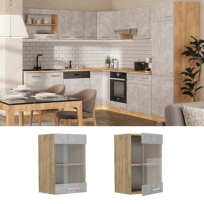 Vicco Schrankküche R-Line Beton - Beton, Hängeglasschrank 40 cm - Wandschrank aus hellem Holz mit grauen Beton-Paneelen und Glastür.