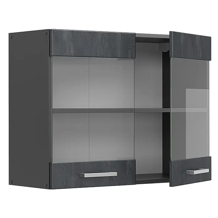 Vicco Schrankküche R-Line Schwarz Beton - Schwarz Beton, Hängeglasschrank 80 cm - Dunkelgrauer Hängeschrank mit strukturierter Oberfläche, Glastüren und Metallgriffen. Eine Tür ist geöffnet.
