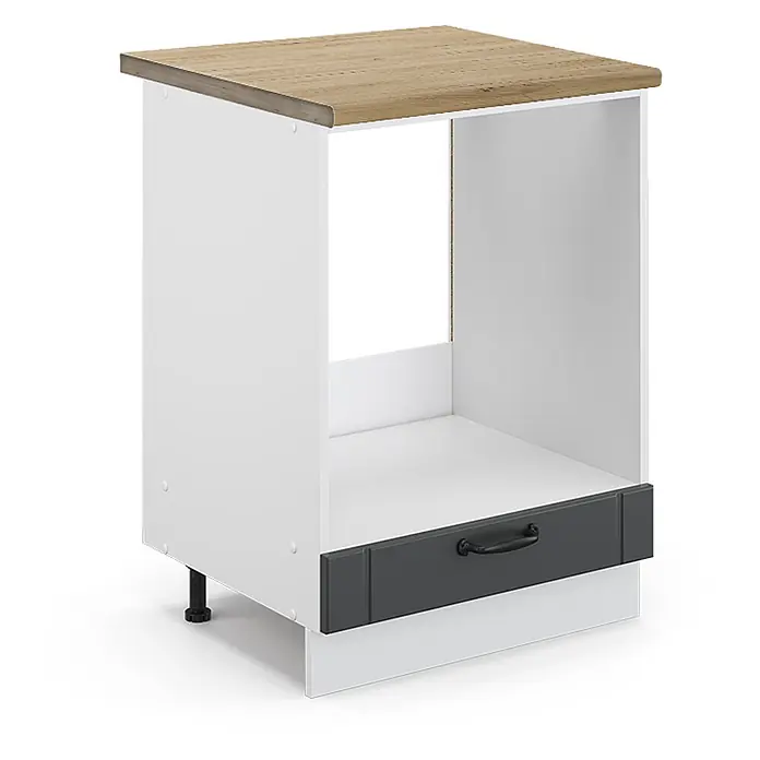 Vicco Schrankküche Fame-Line Anthrazit Landhaus, AP Eiche - Anthrazit Landhaus, Herdumbauschrank 60 cm, AP Eiche - Weißer Küchenunterschrank mit heller Holzoptik-Arbeitsplatte, offener Gerätenische und dunkelgrauer Schublade mit schwarzem Griff.