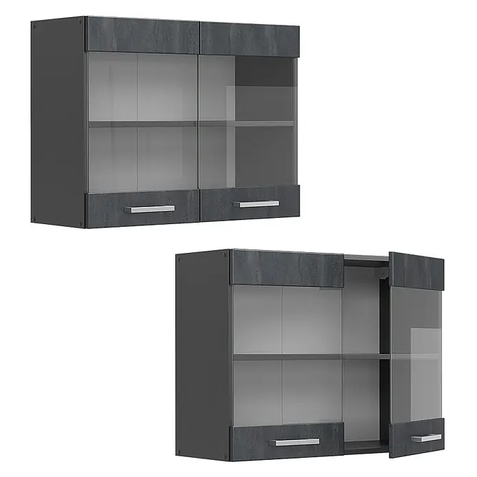 Vicco Schrankküche R-Line Schwarz Beton - Schwarz Beton, Hängeglasschrank 80 cm - Anthrazitfarbener Hängeschrank mit Glasfront, strukturiertem Finish und silbernen Griffen, geschlossen und geöffnet.