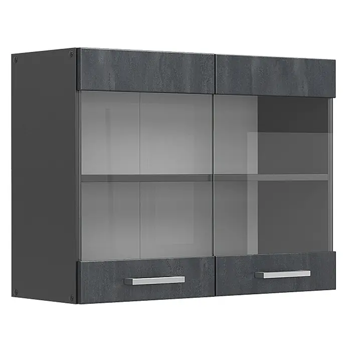 Vicco Schrankküche R-Line Schwarz Beton - Schwarz Beton, Hängeglasschrank 80 cm - Dunkelgrauer Hängeschrank mit Betonoptik-Oberteil und Glastüren, darunter zwei Schubladen.
