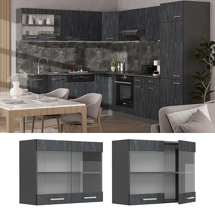 Vicco Schrankküche R-Line Schwarz Beton - Schwarz Beton, Hängeglasschrank 80 cm - Anthrazitfarbene modulare Küche mit texturierten Schränken, integrierten Geräten und Wandschrank mit Glastüren und Schubladen.