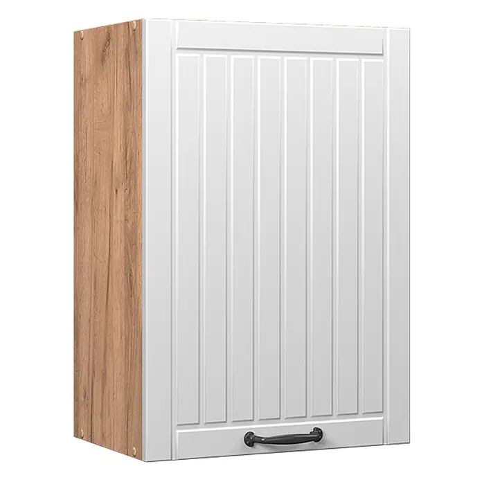 Vicco Hängeschrank Fame-Line, Weiß Landhaus, 50 cm -  - Weißer Küchenoberschrank mit gerippter Tür, dunklem Griff und einer Seitenwand in Holzoptik.