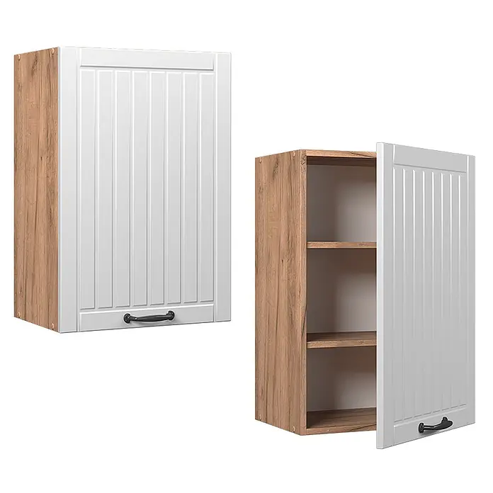 Vicco Hängeschrank Fame-Line, Weiß Landhaus, 50 cm -  - Zwei Hängeschränke mit Holzoptik-Seiten und weißen Lamellentüren, einer geschlossen, einer offen mit Einlegeböden und schwarzem Griff.