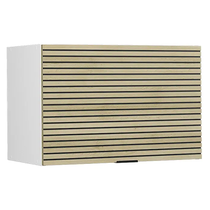 Vicco Schrankküche Fame-Line Eiche Paneel Flach - Eiche Paneel, Hängeschrank 60 cm (flach) - Weißer Schrank mit heller Holzlamellenfront und schwarzem Griff.