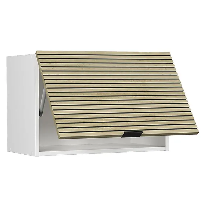 Vicco Schrankküche Fame-Line Eiche Paneel Flach - Eiche Paneel, Hängeschrank 60 cm (flach) - Weißer Hängeschrank mit teilweise geöffneter Rolltür aus hellen Holzlamellen und schwarzem Griff.