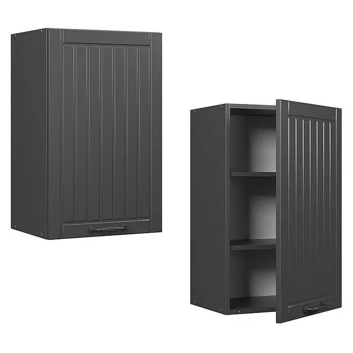 Vicco Schrankküche Fame-Line Dunkelgrau - Dunkelgrau, Hängeschrank 45 cm - Dunkelgrauer Wandschrank mit geriffelter Tür, geschlossen und offen mit Regalböden gezeigt.