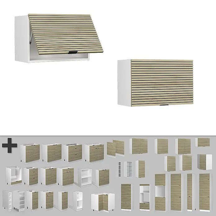 Vicco Schrankküche Fame-Line Eiche Paneel Flach - Eiche Paneel, Hängeschrank 60 cm (flach) - Modulare Küchenschränke mit hellen Holzlamellentüren und weißen Rahmen, verschiedene Wand-, Unter- und Hochschranktypen.