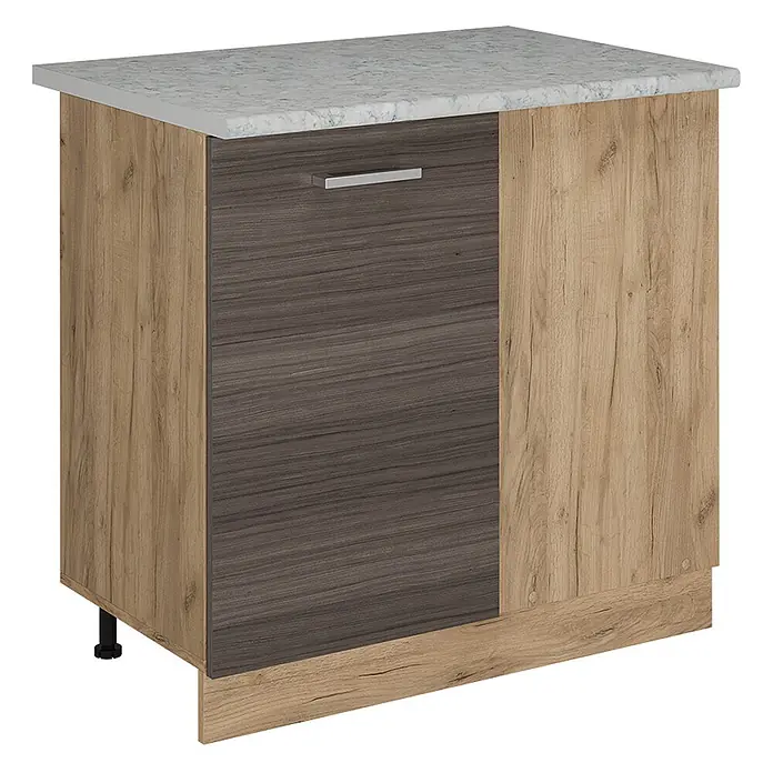 Vicco Schrankküche R-Line Edelgrau AP Marmor - Edelgrau, Eckunterschrank 86 cm - Küchenunterschrank: heller Holzkorpus, dunkle Holztür, gemusterte weiße Arbeitsplatte, silberner Griff.