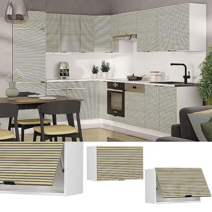 Vicco Schrankküche Fame-Line Eiche Paneel Flach - Eiche Paneel, Hängeschrank 60 cm (flach) - Küche mit hellen, lamellierten Holzschränken und weißen Seitenpaneelen.
