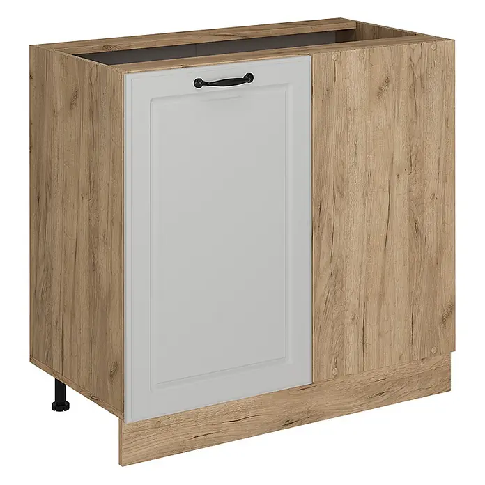 Vicco Schrankküche R-Line Weiß Landhaus ohne Arbeitsplatte - Breite: 86 cm, Weiß Landhaus, Eckunterschrank 86 cm - Küchenunterschrank in heller Holzoptik mit einer hellgrauen Tür und schwarzem Griff.