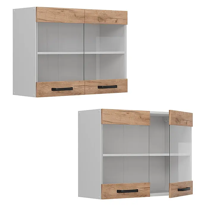 Vicco Schrankküche R-Line Goldkraft Eiche - Goldkraft Eiche, Hängeglasschrank 80 cm - Zwei weiße Hängeschränke mit hellen Holzpaneelen, Glastüren und schwarzen Griffen, einer leicht geöffnet.