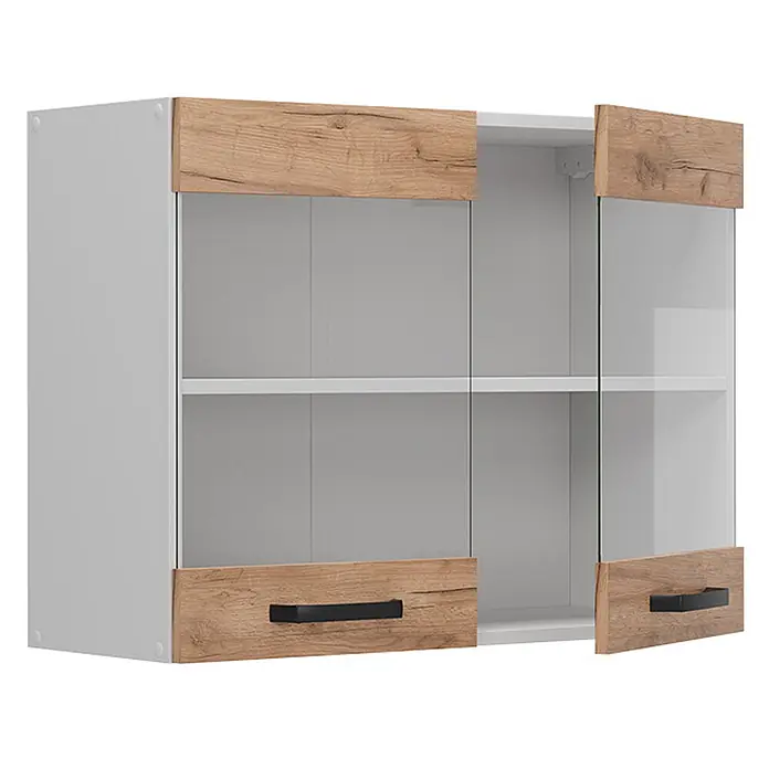 Vicco Schrankküche R-Line Goldkraft Eiche - Goldkraft Eiche, Hängeglasschrank 80 cm - Weißer Hängeschrank mit Eichenholz-Optik, Glastüren und schwarzen Griffen.