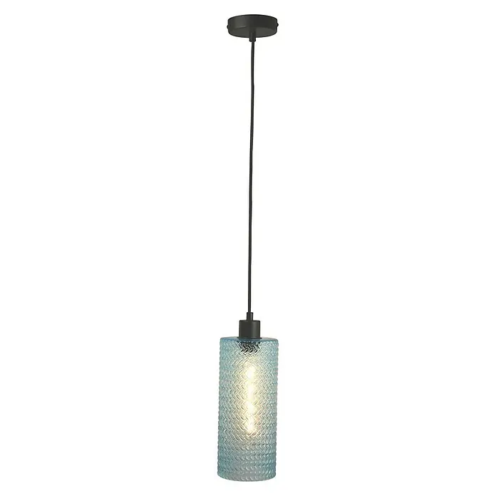 Tween Light Pendelleuchte rund Vetro - Ø x H: 120 mm x 150 cm, Hellblau - Nahaufnahme einer einzelnen Hängelampe mit einem schlichten, modernen Design und einem blauen, strukturierten Lampenschirm.