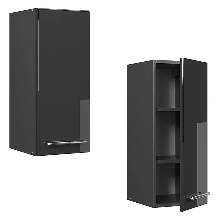 Vicco Schrankküche Fame-Line Anthrazit Hochglanz - Anthrazit Hochglanz, Hängeschrank 30 cm - Hochglanz Anthrazit Hängeschrank mit Chromgriff, geschlossen und offen mit Regalböden gezeigt.