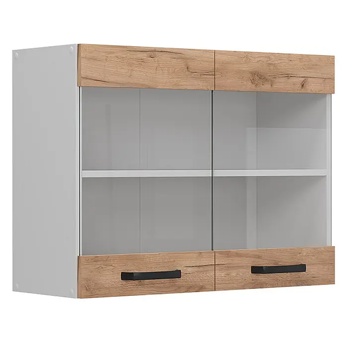 Vicco Schrankküche R-Line Goldkraft Eiche - Goldkraft Eiche, Hängeglasschrank 80 cm - Weißer Hängeschrank in Holzoptik mit Glastüren, Türen in Holzoptik, schwarzen Griffen und einem Einlegeboden.
