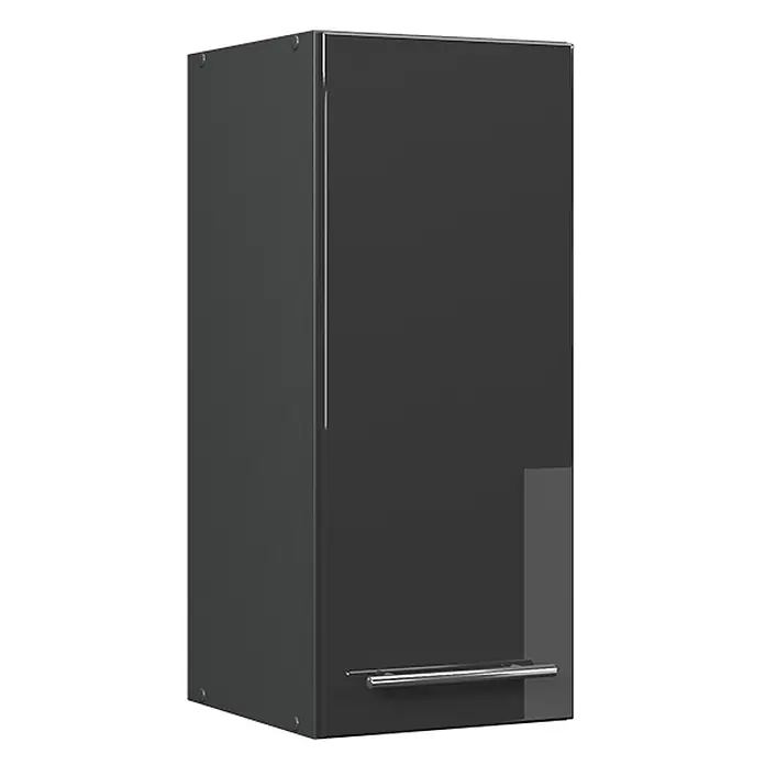Vicco Schrankküche Fame-Line Anthrazit Hochglanz - Anthrazit Hochglanz, Hängeschrank 30 cm - Dunkelgrauer Hochglanz-Wandschrank mit einer Tür und einem Chromgriff.